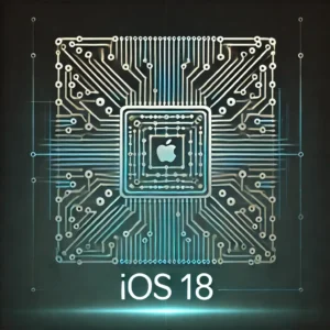 Futuristic microchip design with interconnected circuits and 'iOS 18' text in modern font